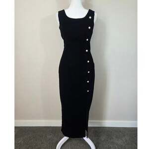 Switch USA Vintage 90's Black Velvet Pearl Gold Button Fitted Maxi Dress JR 3